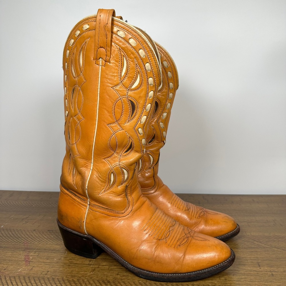 VTG Acme Cowboy Boots Mens 9.5D Tan Cream Cutout Inlay Western Leather Stitch
